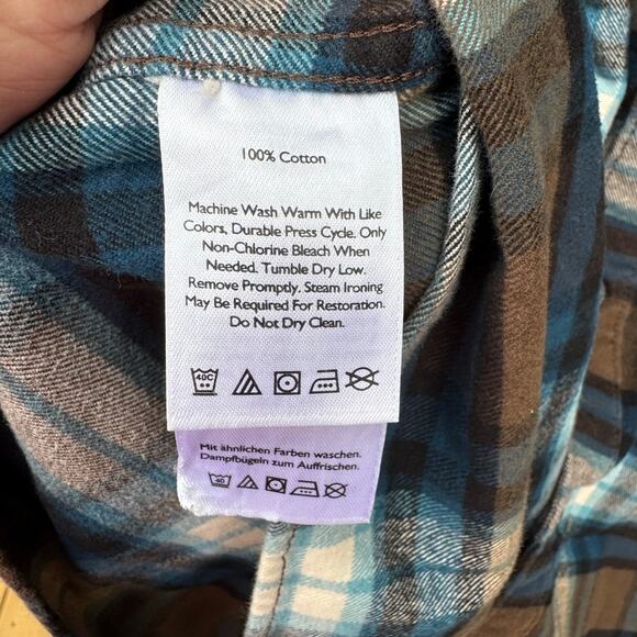 Eddie Bauer XL Classic Fit Plaid Flannel Button Long Sleeve Brown Blue White - Picture 12 of 12